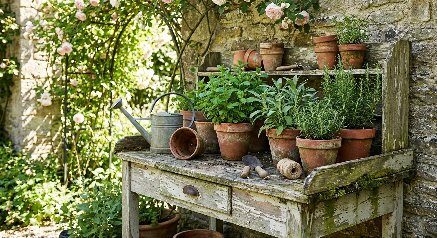 Terracotta pots of fresh herbs arranged on a rustic table in a sunny garden corner.