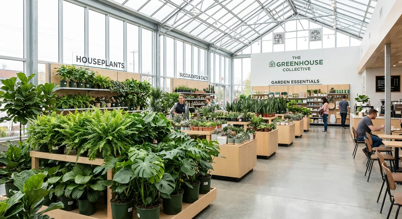 The interior of a well-organized and bright retail garden center.