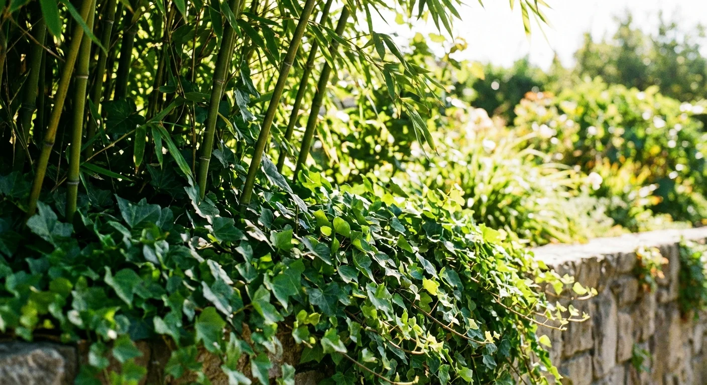 Thick English ivy and bamboo growing aggressively over a garden boundary line.