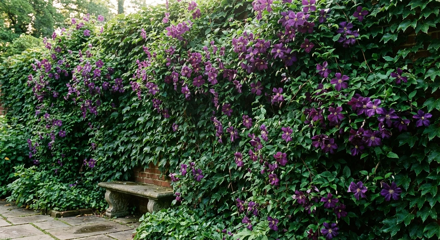 Thick green ivy and purple flowers covering a wall to create a living privacy screen.