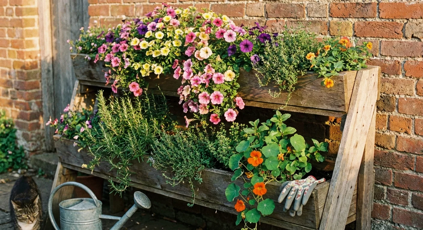 Tiered wooden vertical planters filled with colorful flowers and herbs against a brick wall.