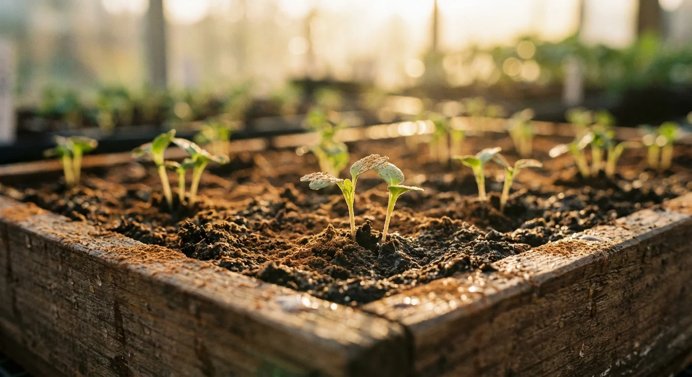 Tiny green seedlings in a tray with a light dusting of cinnamon on the dark soil.