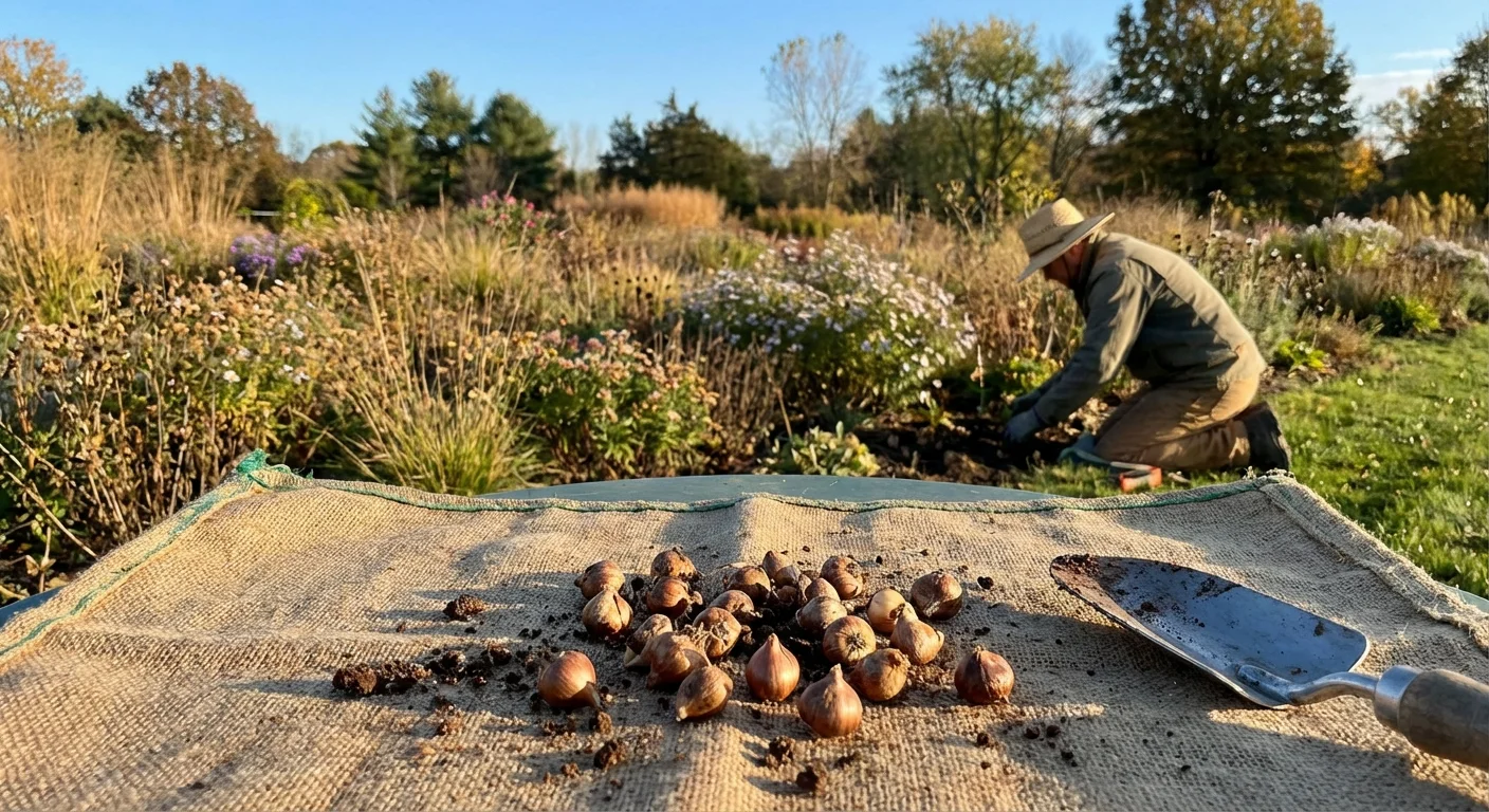 Tiny Siberian Squill bulbs on a burlap mat in a large garden.