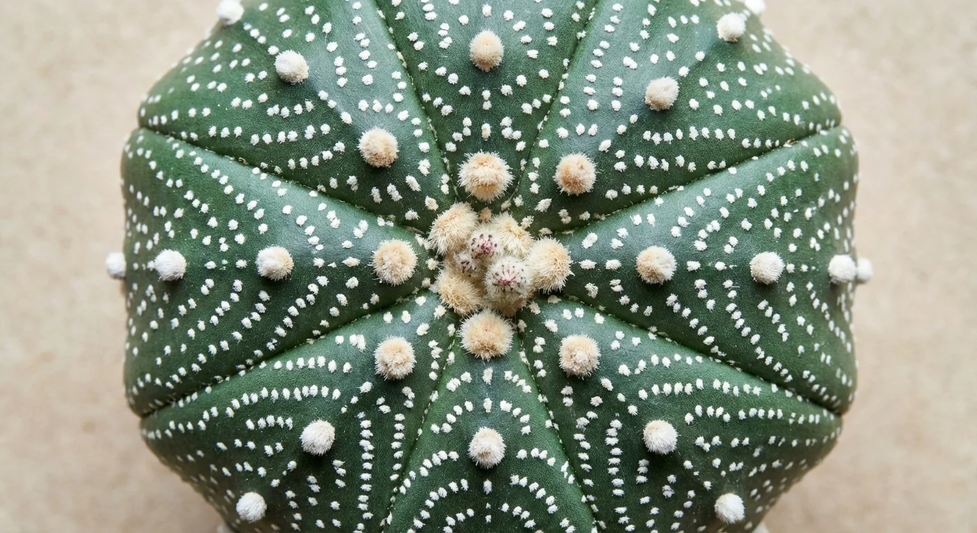 Top-down view of a symmetrical Star Cactus with white flecks.