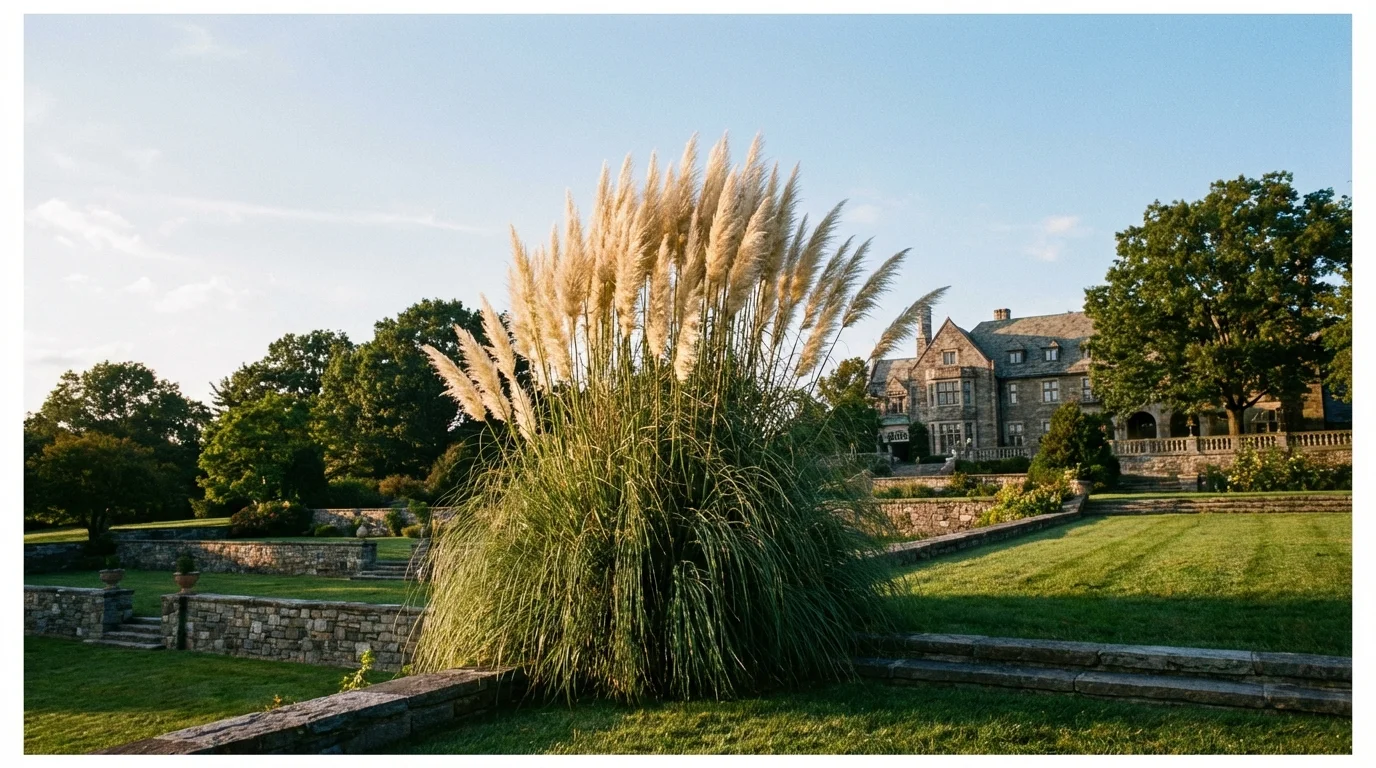 Towering Ravenna Grass with massive plumes standing as a focal point in a landscape.