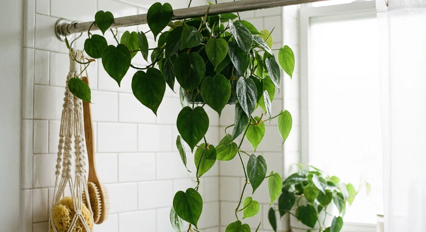 Trailing heart-shaped Philodendron leaves with water droplets in a white tiled shower.