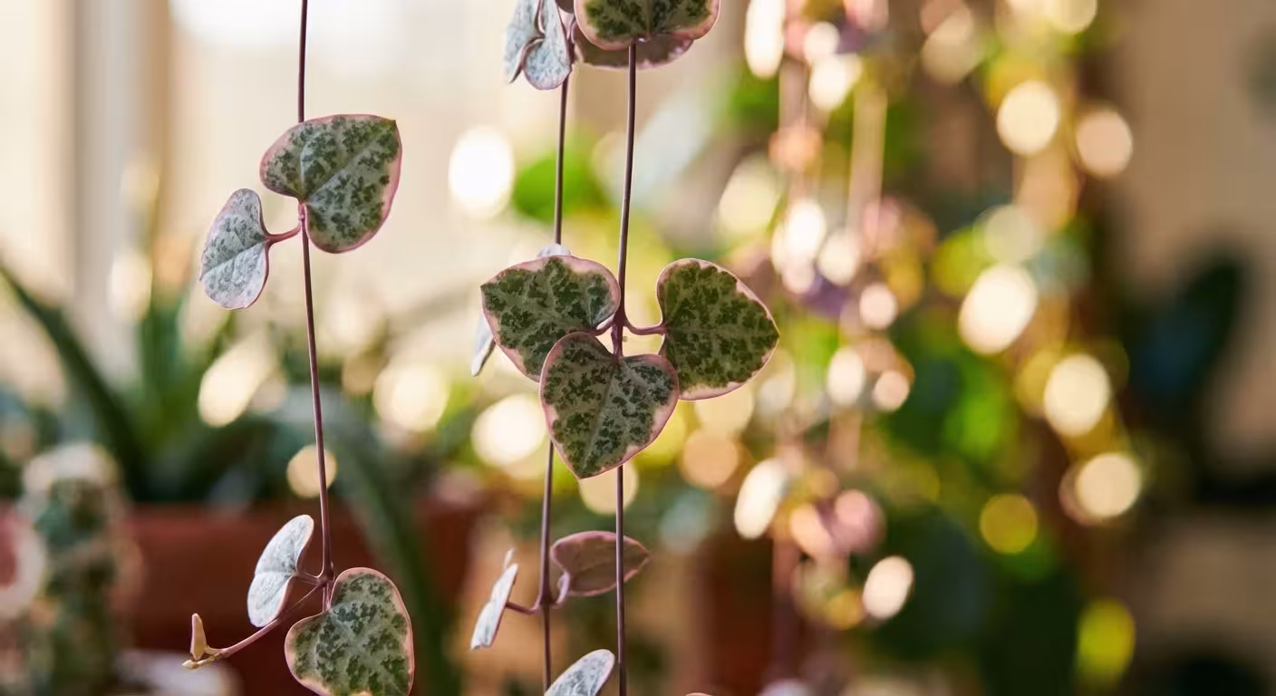Trailing vines of a String of Hearts plant with small variegated heart-shaped leaves.