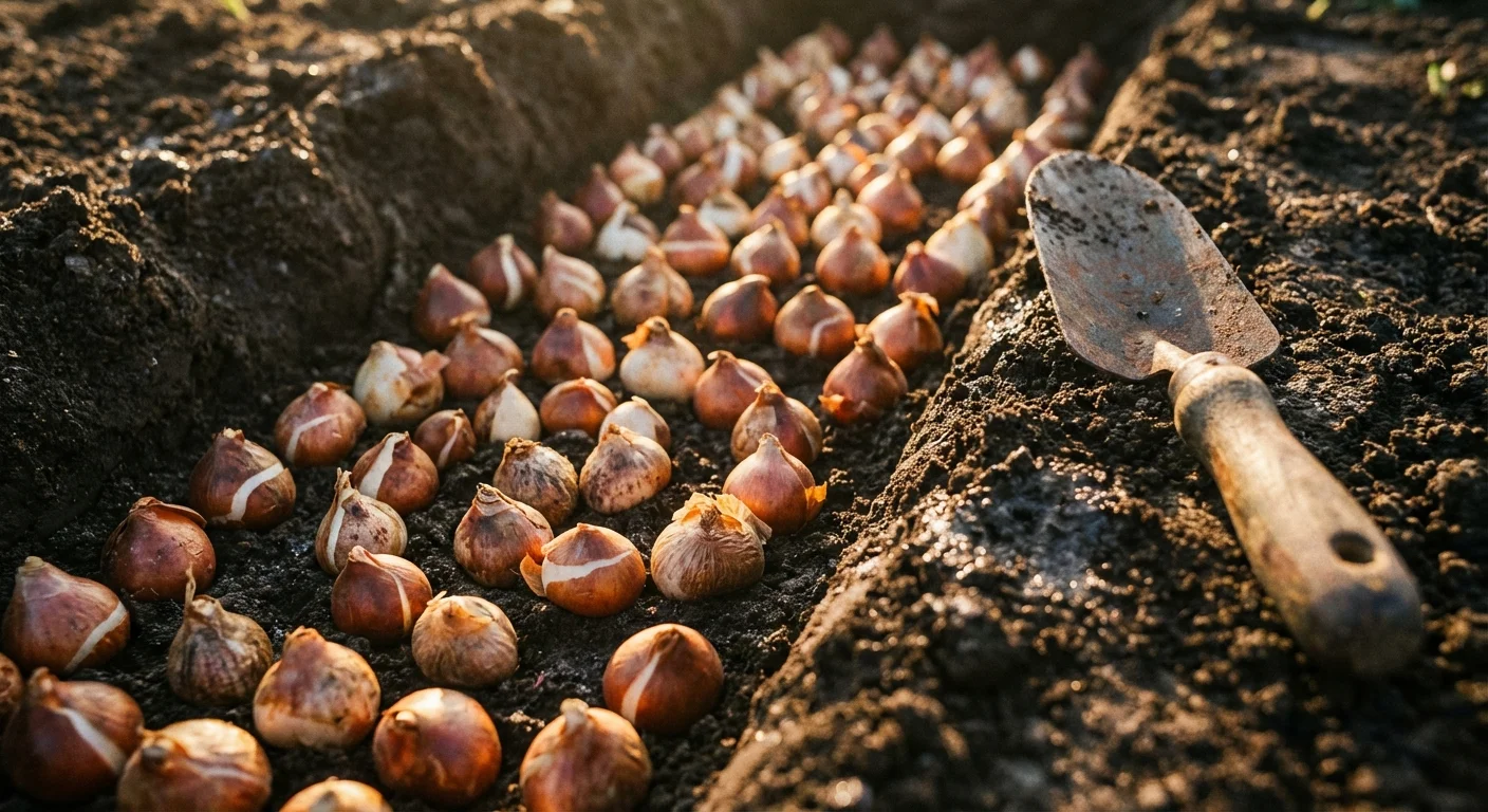 Tulip bulbs arranged in a garden trench for fall planting.