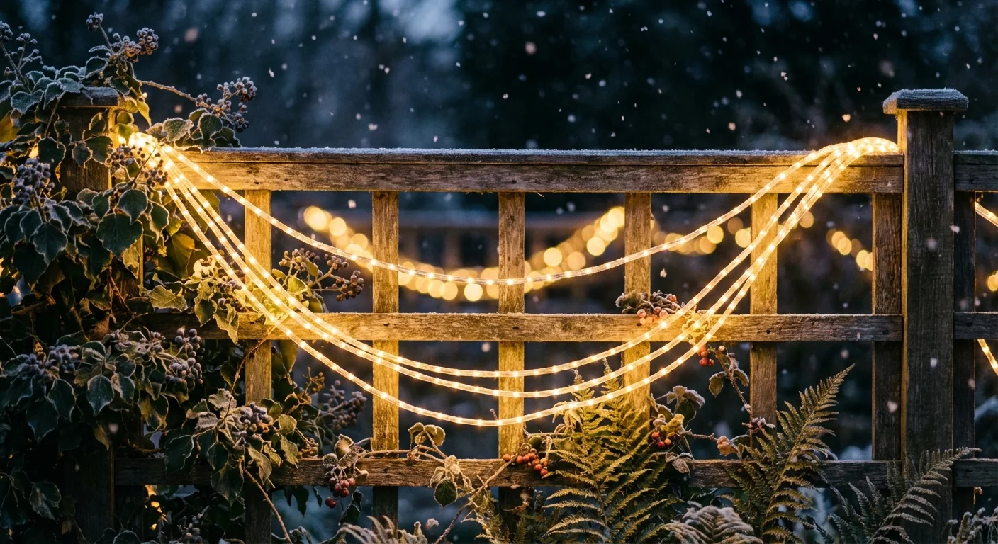 Twinkling warm fairy lights on a garden trellis illuminating a snowy winter landscape.