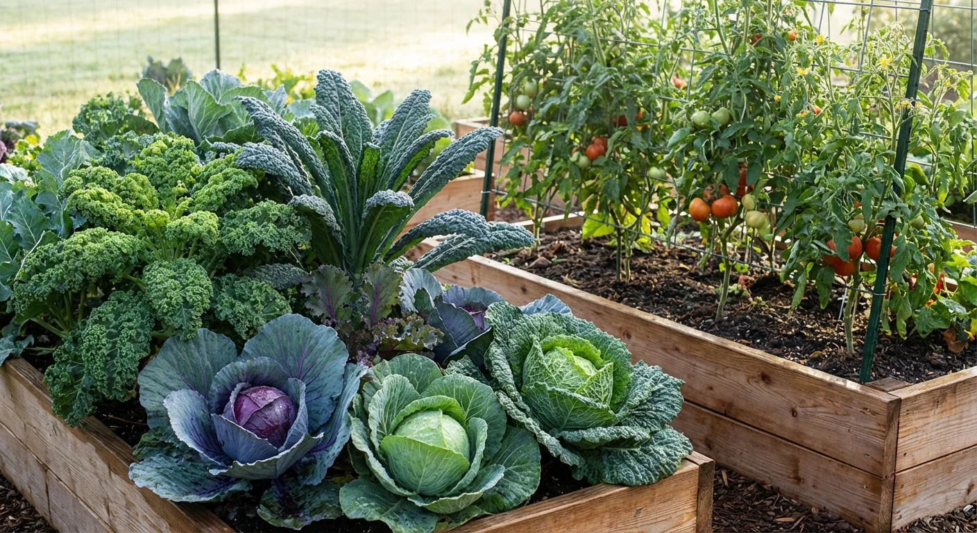 Two adjacent raised beds showing diverse crops like kale and tomatoes in rich soil.
