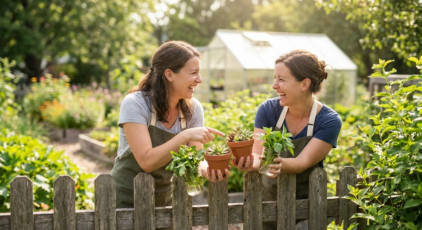 Two friends exchanging small potted plants over a backyard fence.