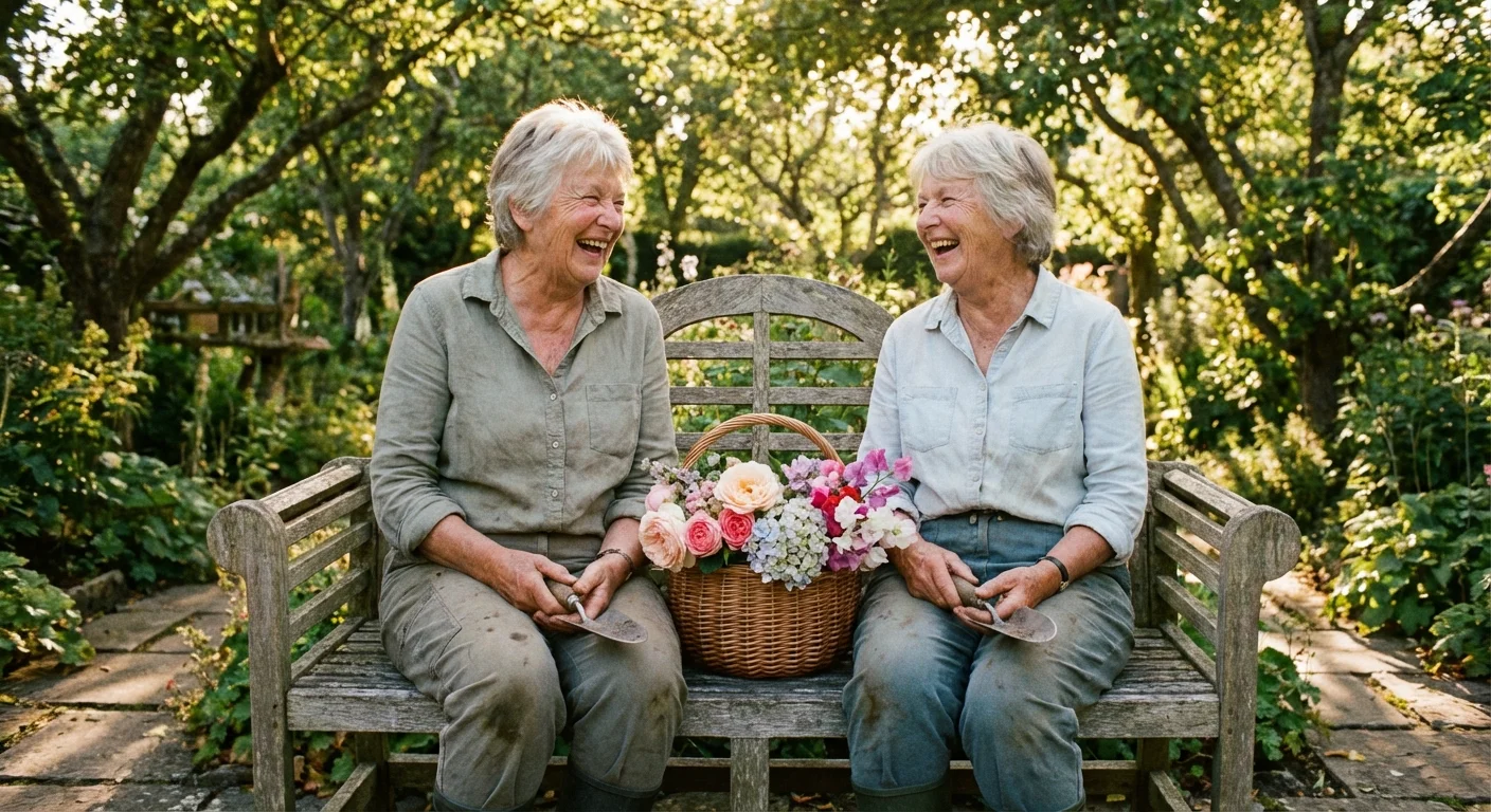 Two friends laughing and talking in a beautiful garden.