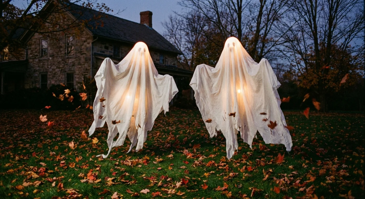 Two glowing white ghosts standing in the middle of a lawn.