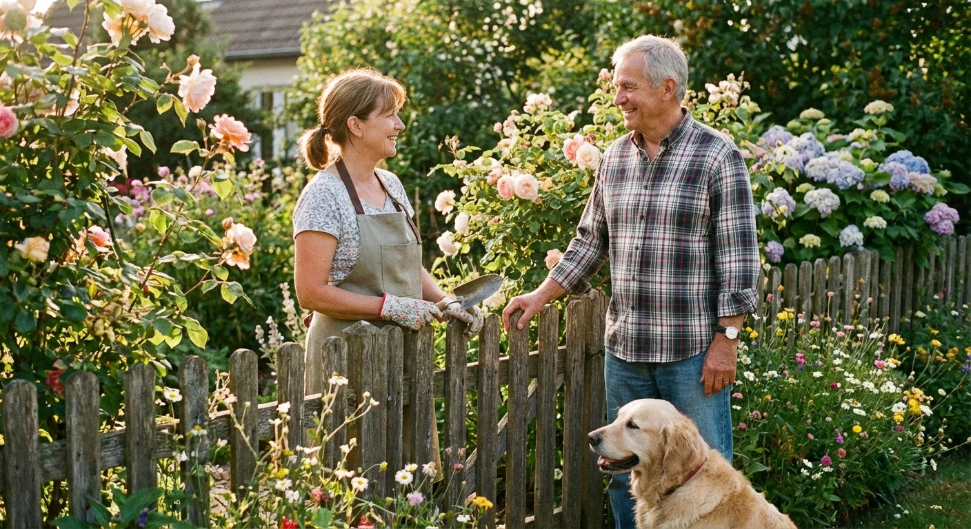 Two neighbors chatting warmly over a garden fence in a sunny neighborhood.