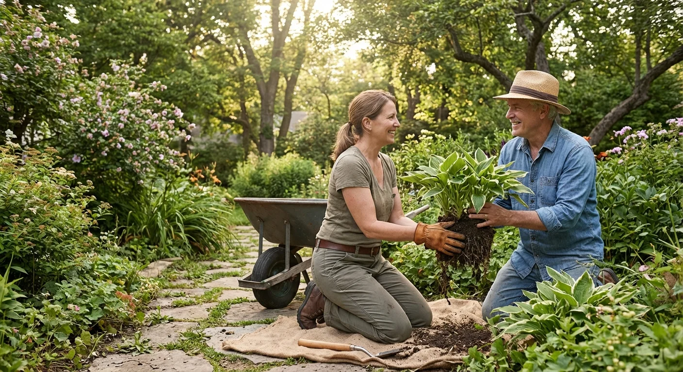 Two people working together to divide a large plant in a sunny garden.