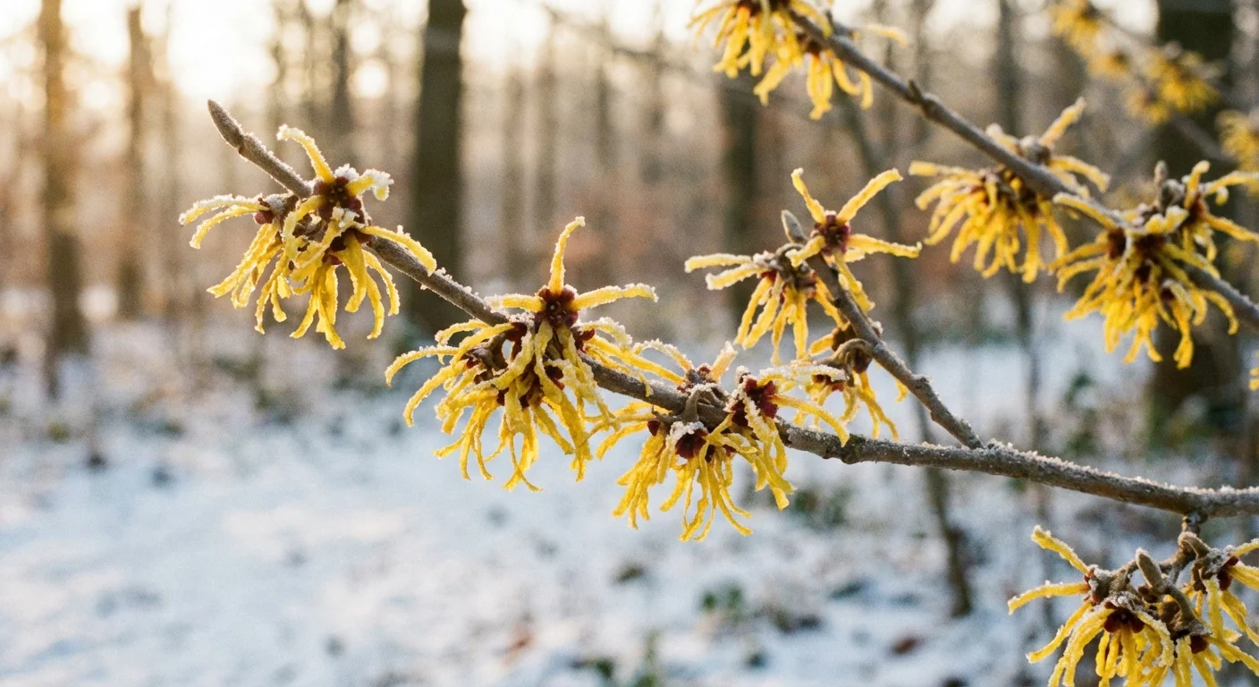 Unique yellow ribbon-like petals of Witch Hazel blooming on bare winter branches.