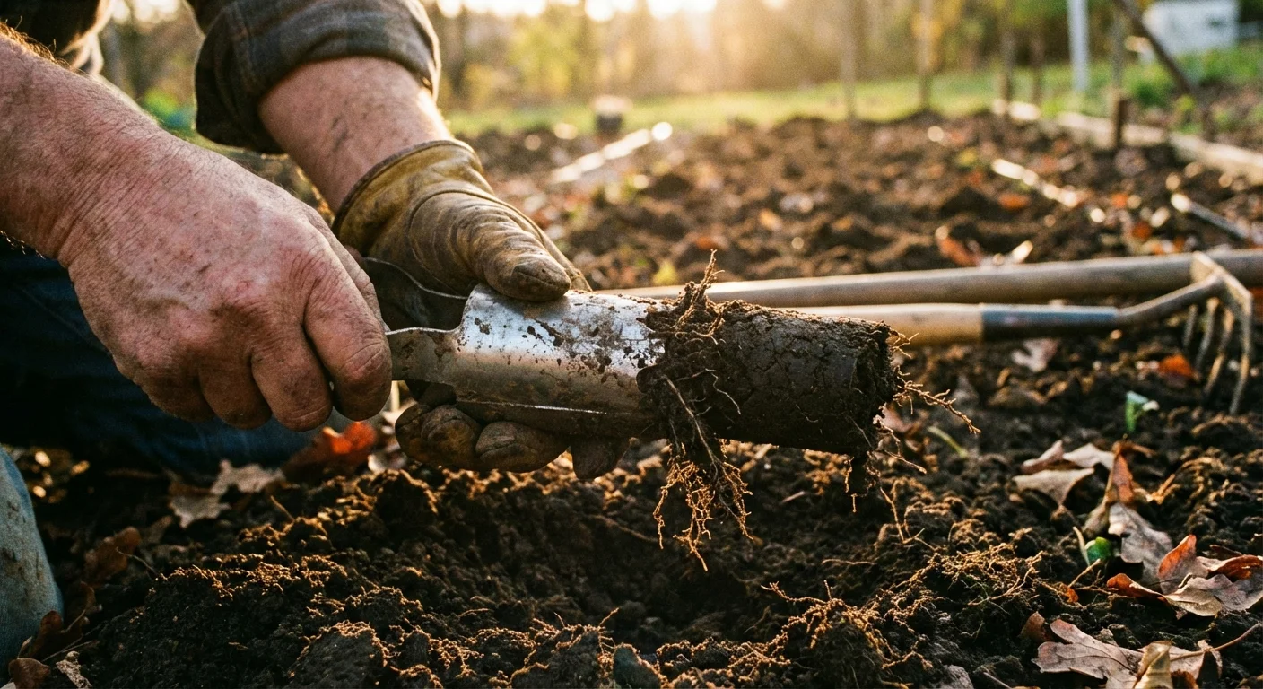 Using a bulb planter tool to create holes in garden soil.