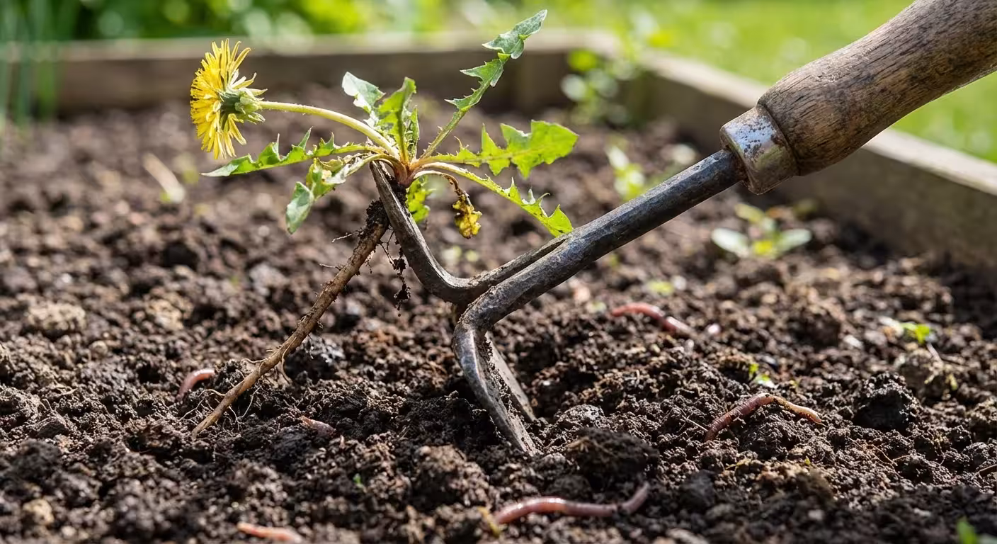 Using a manual hand-weeder to remove weeds from a garden bed.