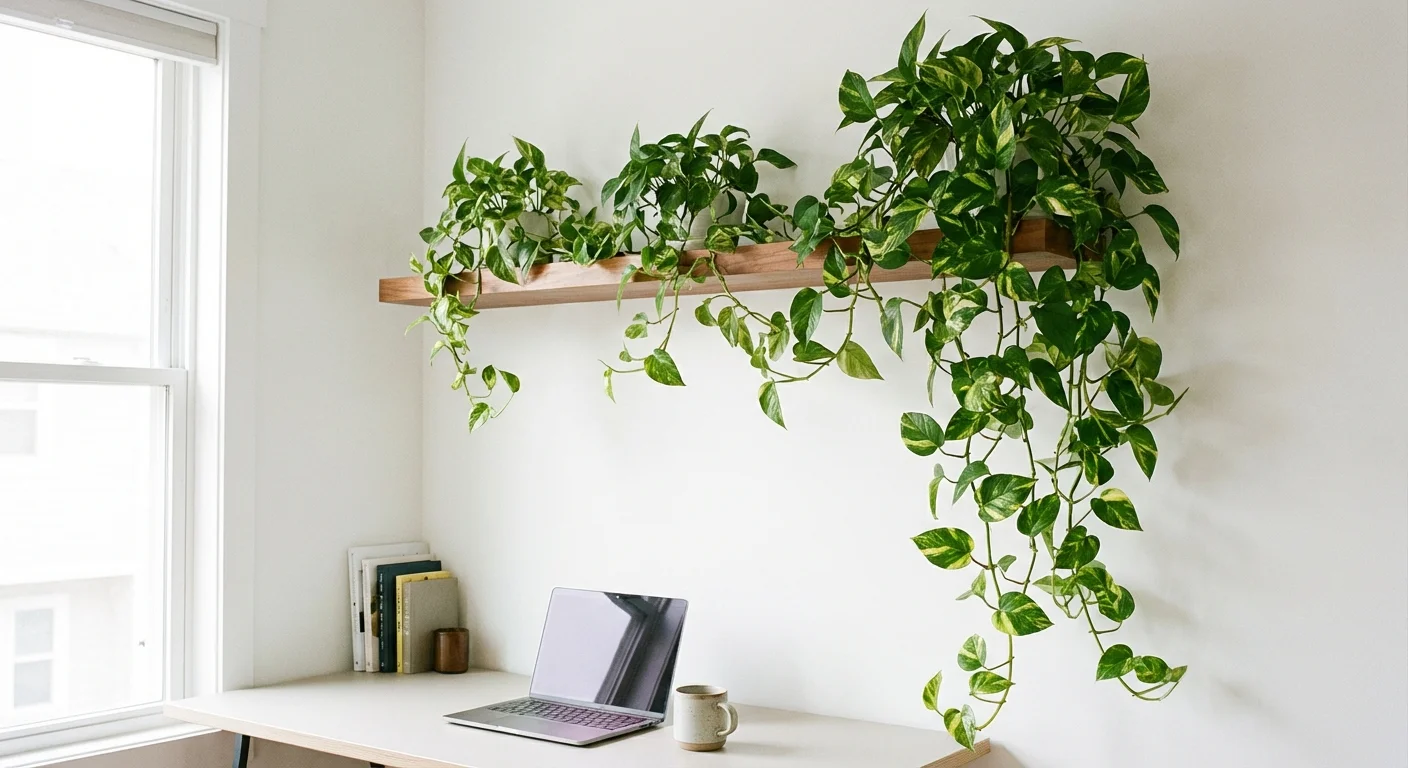 Variegated Golden Pothos trailing from a high white shelf.