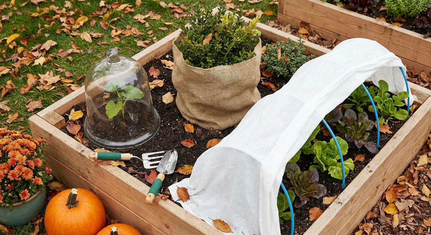 Various garden plants covered with protective materials for frost.
