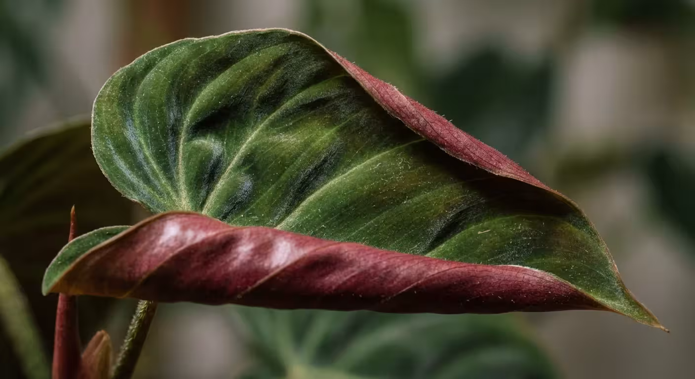 Velvety leaves of a Philodendron El Choco Red showing green tops and red undersides.