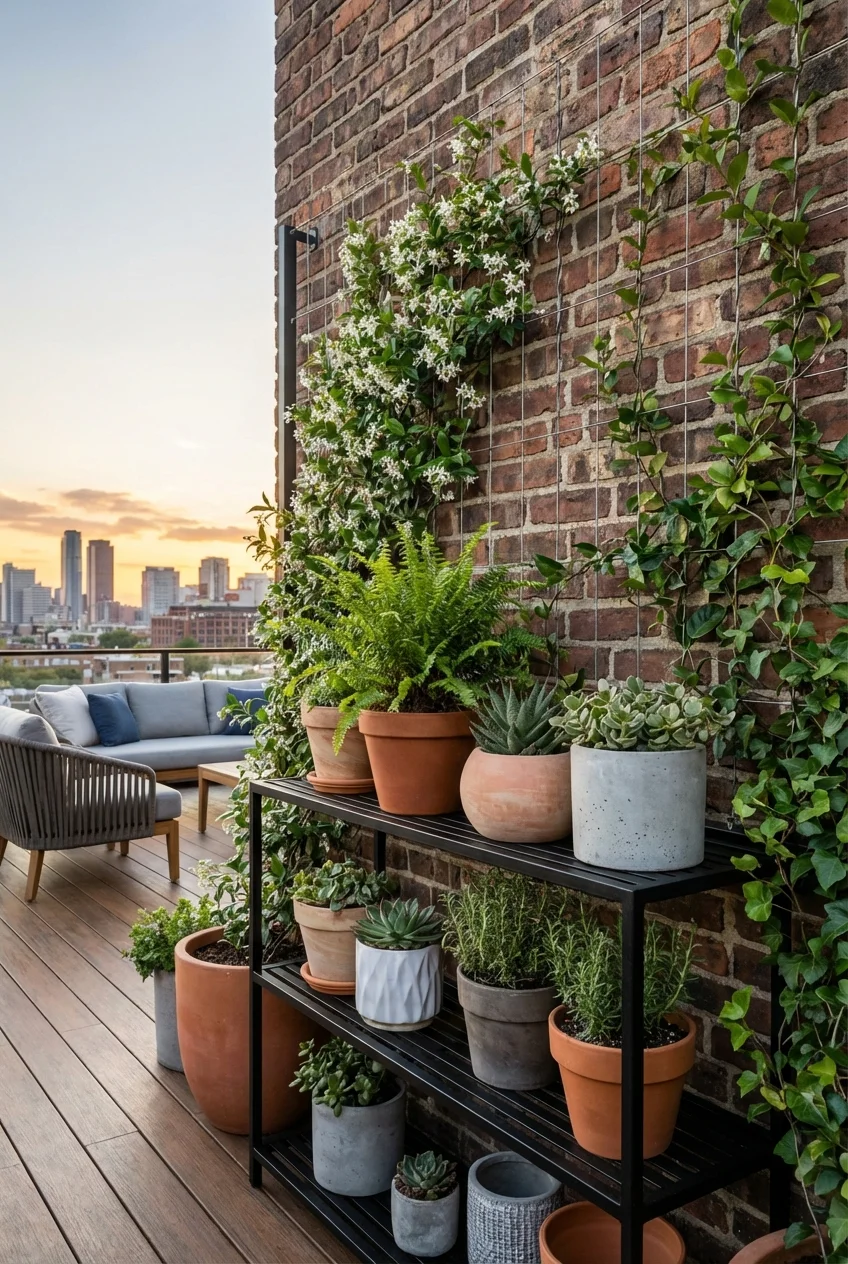 Vertical shelving and wall-mounted planters maximizing space on a small urban balcony.
