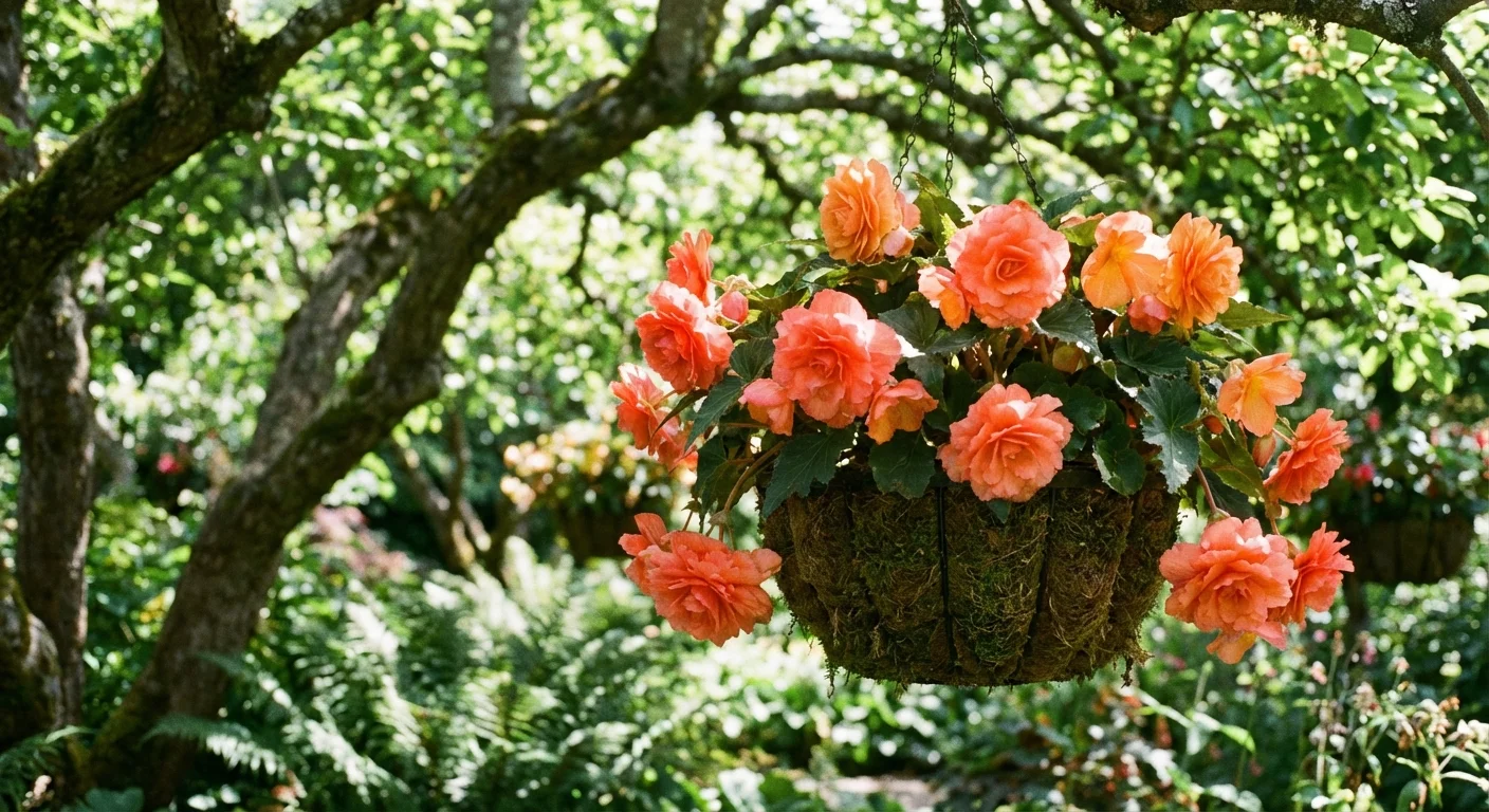 Vibrant coral begonias blooming in a hanging garden basket.