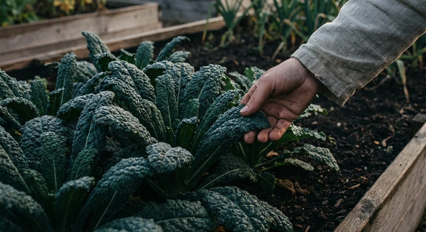 Vibrant curly kale leaves growing in a garden with a hand reaching to harvest.
