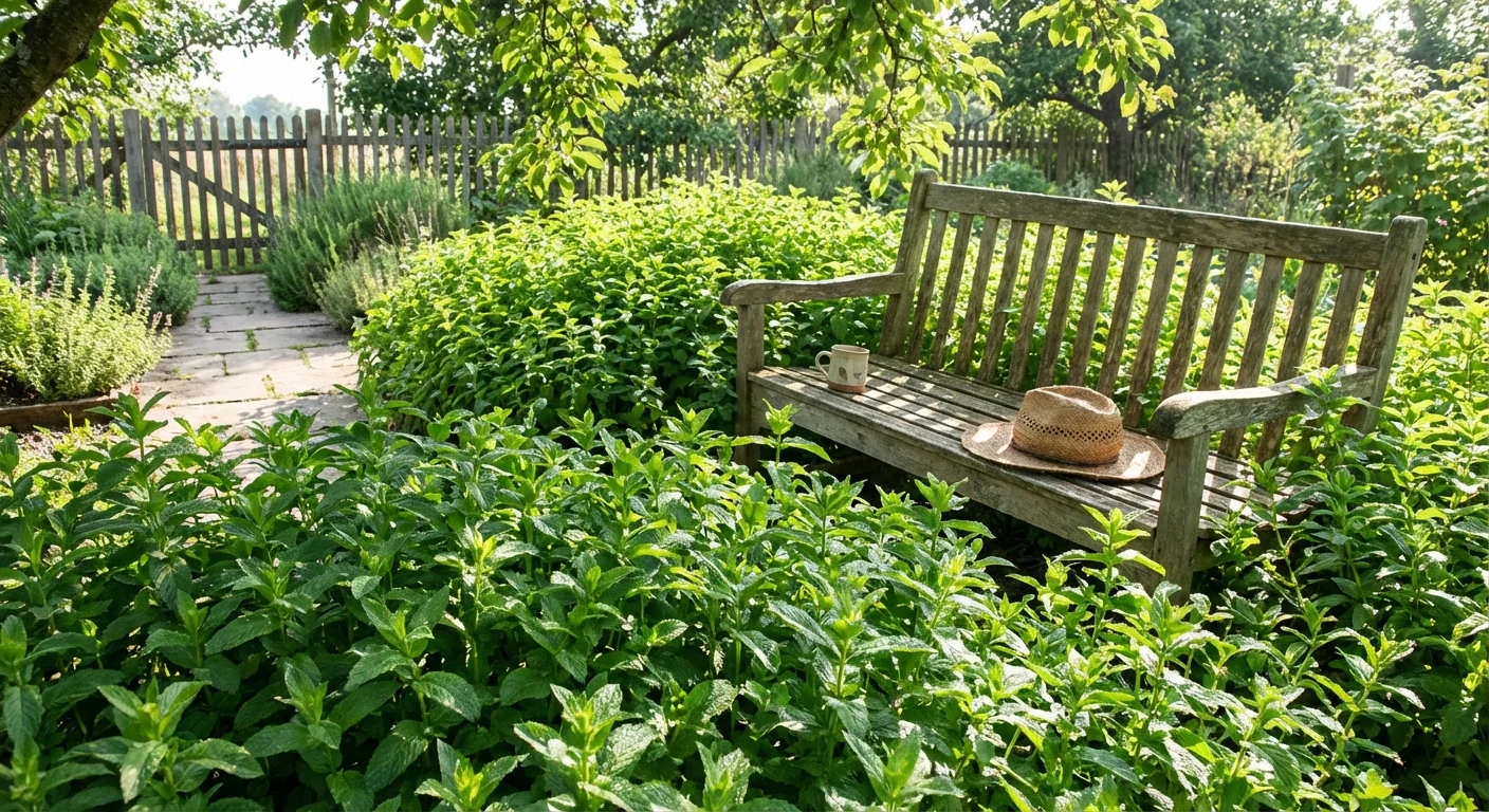 Vibrant green peppermint plants growing densely as a fragrant ground cover near a wooden garden bench.