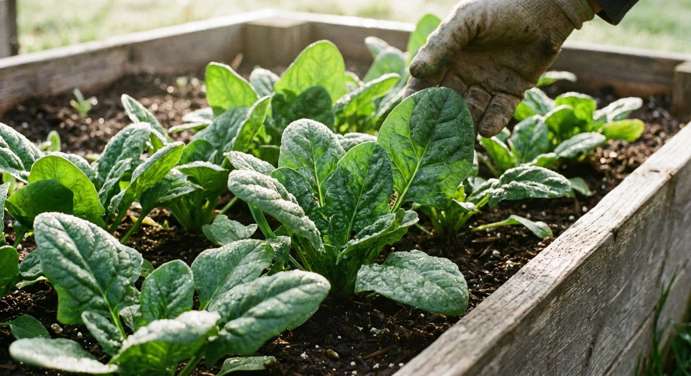 Vibrant green spinach leaves growing in a garden bed with water droplets.