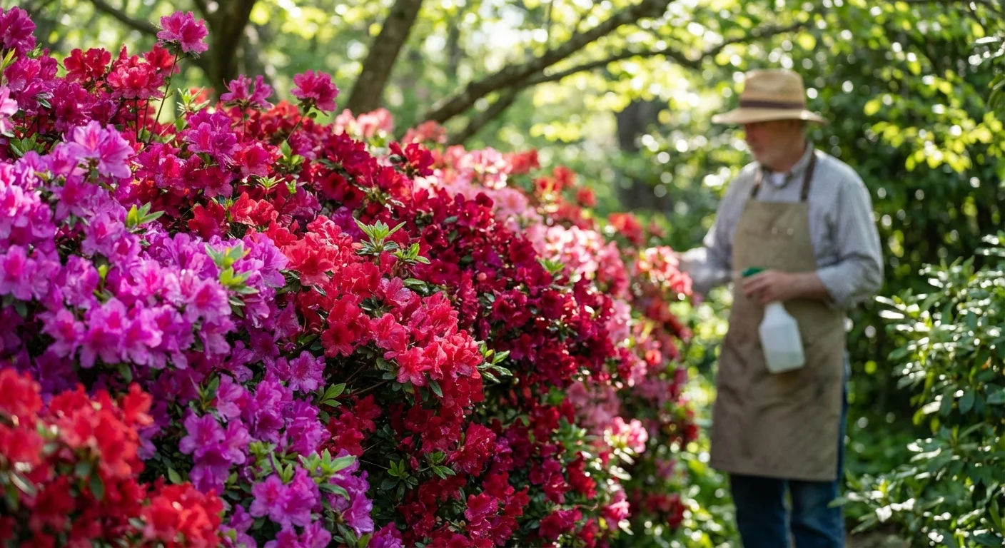 Vibrant pink and red azalea bushes forming a thick, colorful garden hedge in dappled sunlight.