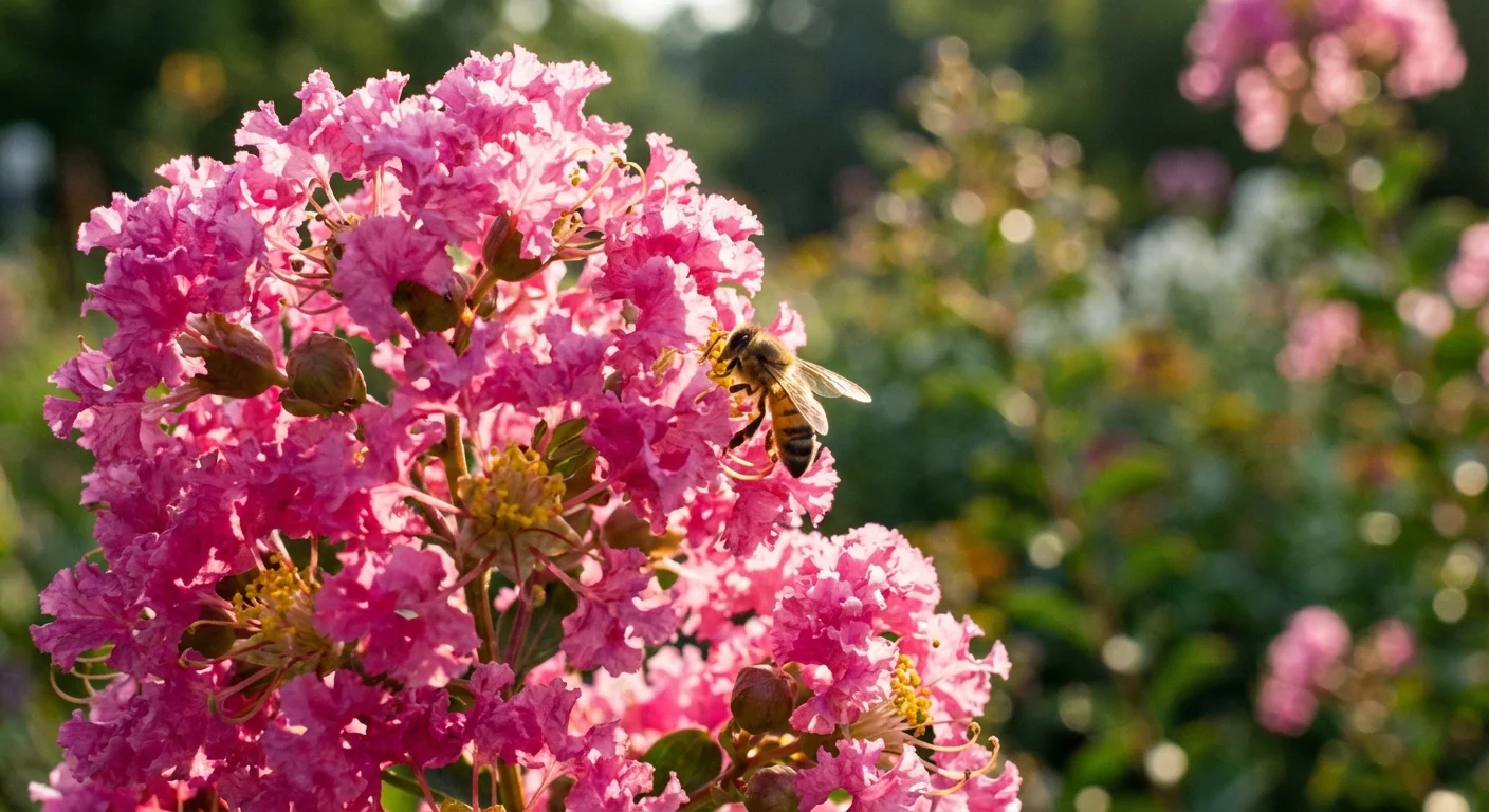 Vibrant pink Crape Myrtle blossoms in full bloom under bright sunlight.