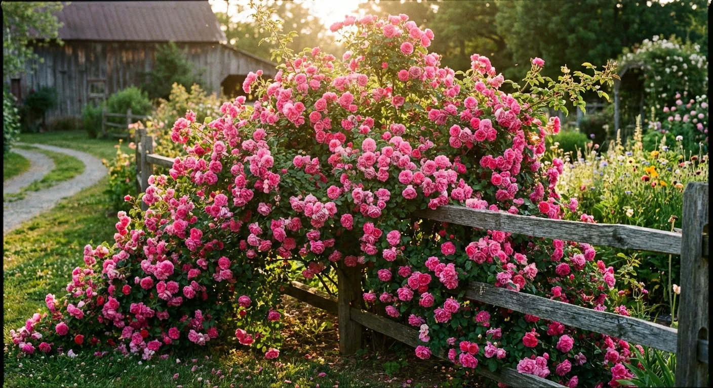 Vibrant pink Peggy Martin roses covering a long wooden fence.