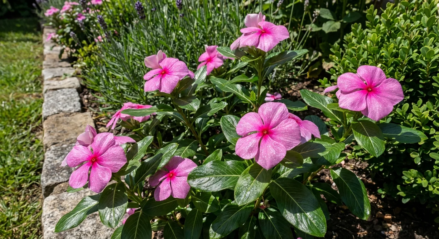 Vibrant pink vinca flowers with shiny green leaves in a sun-drenched garden.