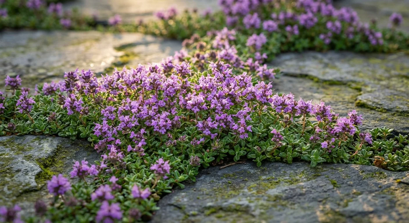 Vibrant purple creeping thyme growing between natural stone pavers in a garden walkway.