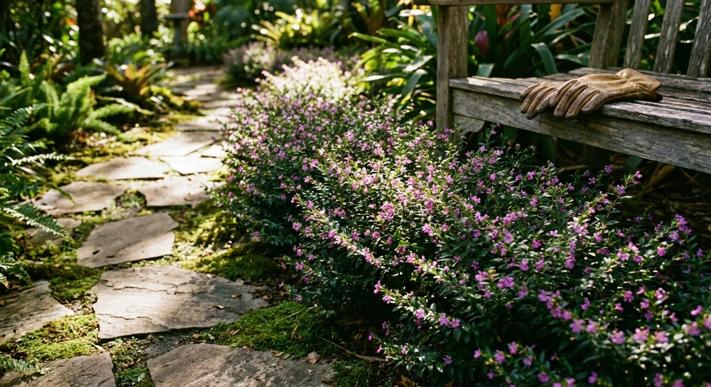 Vibrant purple Mexican heather blooming along a stone garden path in Florida.