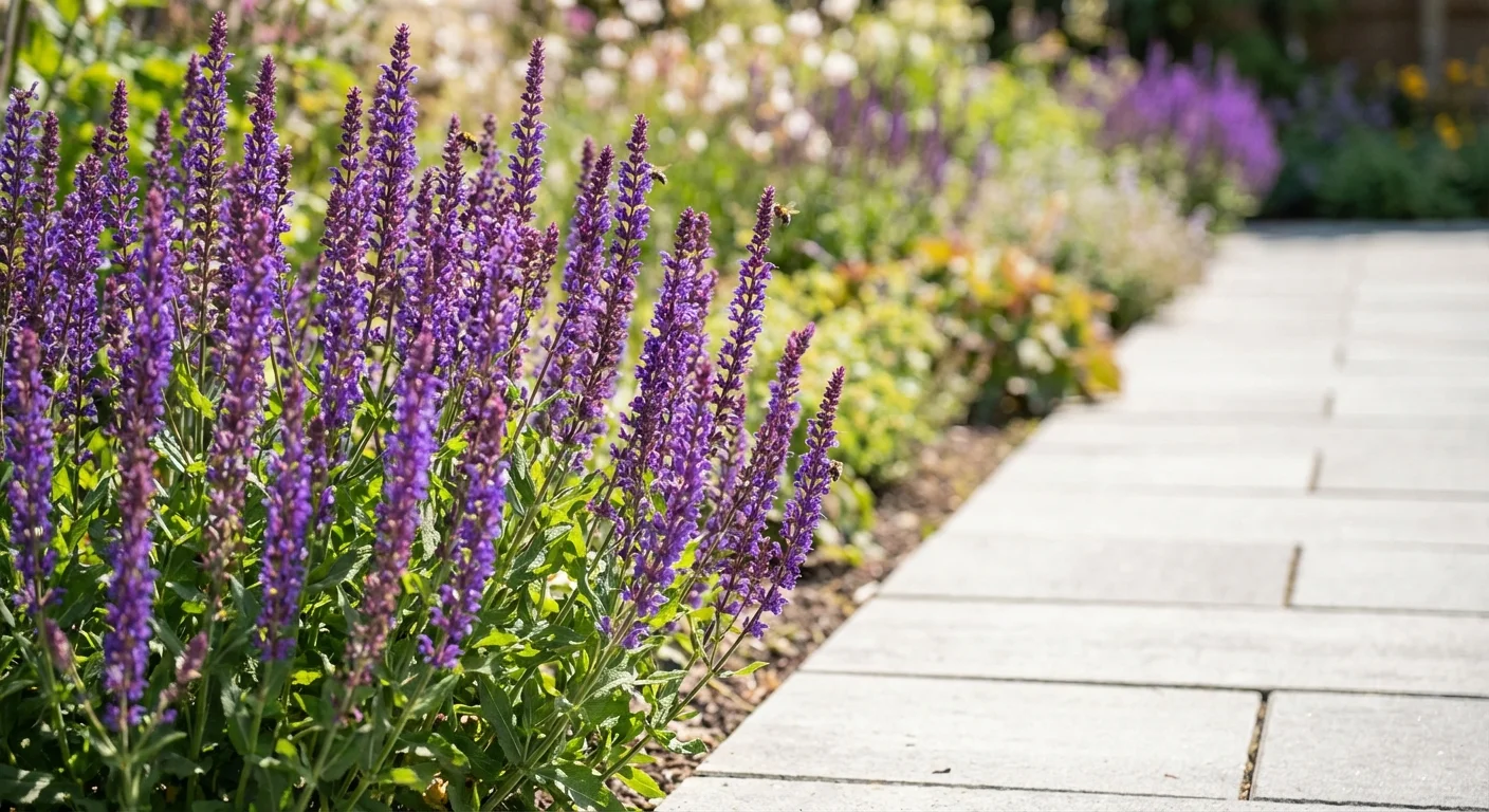 Vibrant purple salvia blooming in a sunny garden border.