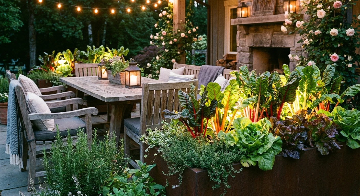 Vibrant rainbow chard and lettuce growing in planters around a garden seating area.