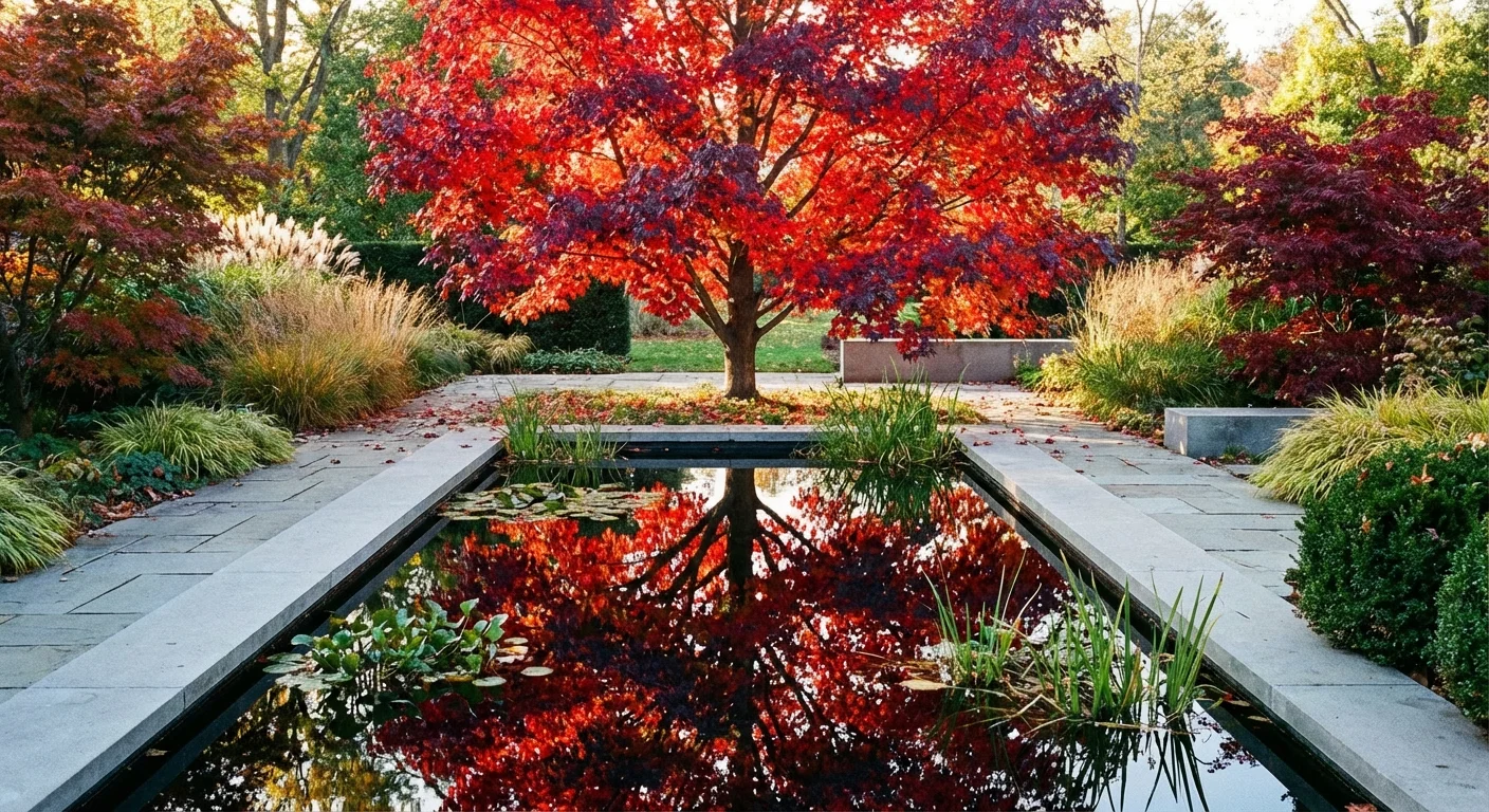 Vibrant red and purple autumn leaves of a Black Gum tree reflecting in a pond.