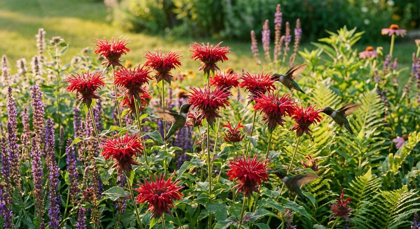 Vibrant red bee balm flowers blooming in a sunny garden bed.