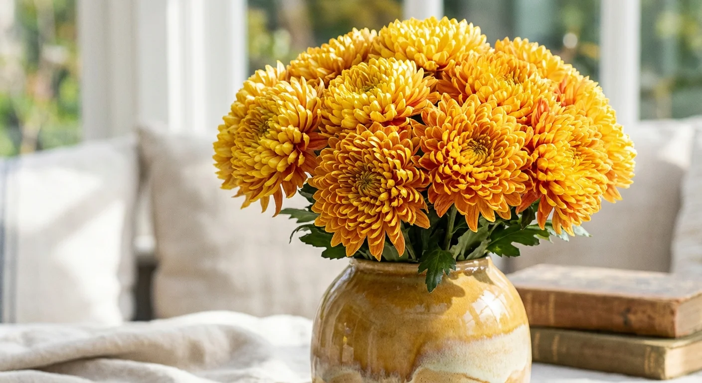 Vibrant yellow and orange chrysanthemums in a white ceramic vase.