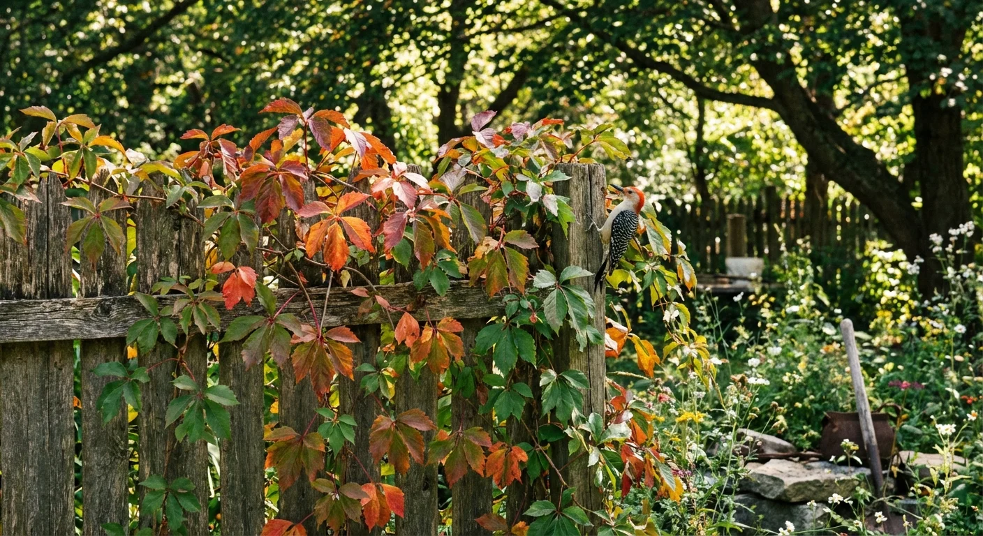 Virginia creeper vine with red and green leaves climbing a wooden fence.