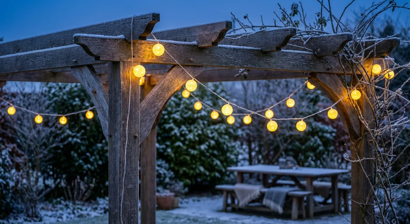 Warm globe string lights draped over a snow-covered wooden pergola in a winter garden.