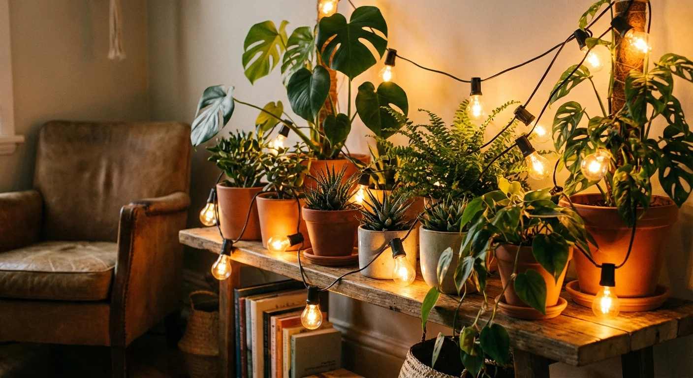 Warm incandescent lights glowing over indoor plants on a shelf.