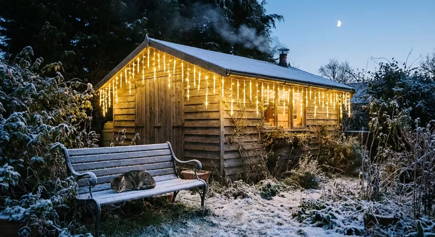Warm white icicle lights hanging from the roof of a garden shed in winter.