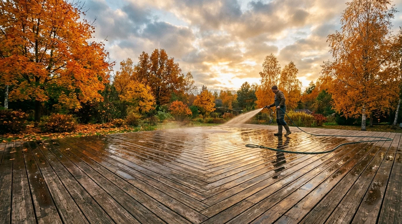 Washing a wooden deck with water during a fall cleanup.