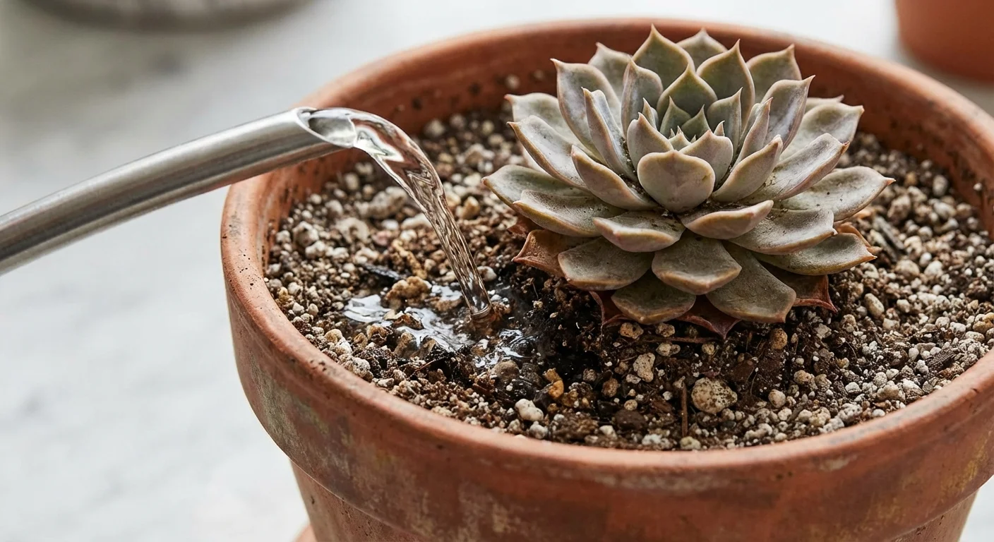 Water being poured onto the soil of a succulent plant.