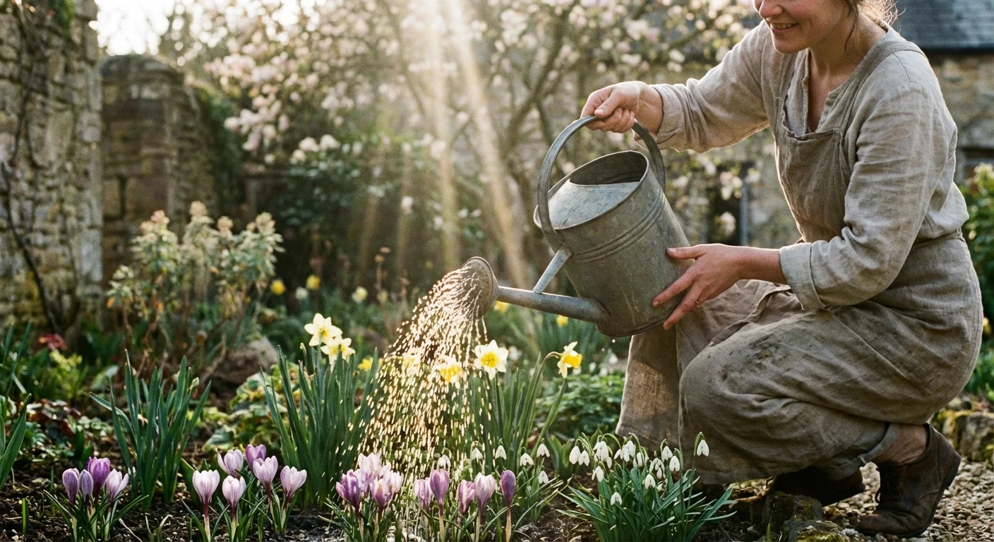Water pouring from a watering can onto small green sprouts in the ground.