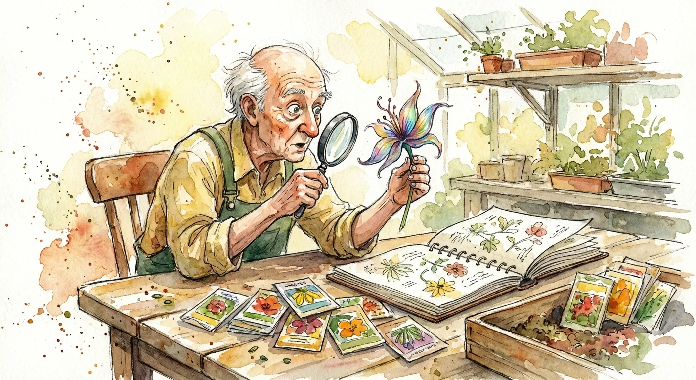 Watercolor illustration of a gardener studying different seeds and plants at a wooden table.