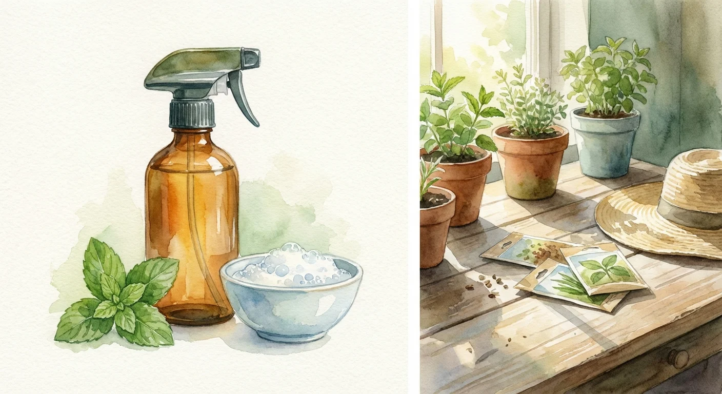 Watercolor illustration of natural pest control ingredients and a spray bottle.